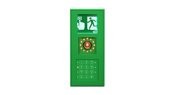 Fluchttürterminal mit Codetastatur, Nottaster und Piktogramm, grün