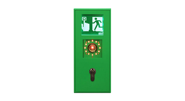 Fluchttürterminal  mit Schlüsseltaster,  Nottaster und Piktogramm, grün