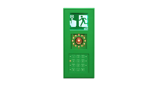 Fluchtwegterminal mit Codetastatur, Nottaster und Pikto­gramm, grün, mit Zeitverzögerung